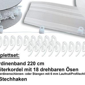 DIY Wave-System, Wellenoptik, Komplettset inkl. Gardinenband + Gleiterkordel mit drehbaren Ösen + Stechhaken, Wellensystem selbstgemacht, Set für eine vorhandene Gardine mit einer Breite von 214 cm