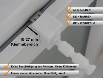 Fensterhaken mit Distanzhalter für Fensterflügel mit 10 bis 27 mm Klemmbereich