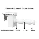 Maße des Fensterhakens mit Distanzhalter Größe M und maximal 6,5 cm Abstand