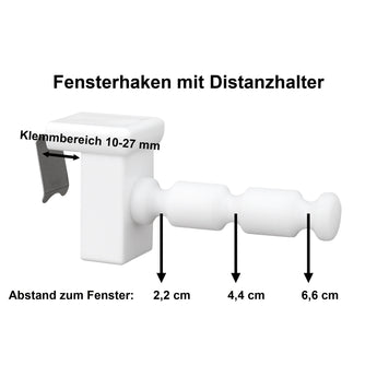 Maße des Fensterhakens mit Distanzhalter Größe M und maximal 6,5 cm Abstand