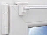 Verstellbarer Fensterhaken oben seitlich mit Gardinenstange