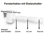 Maße des Fensterhakens mit Distanzhalter Größe L und maximal 10,4 cm Abstand